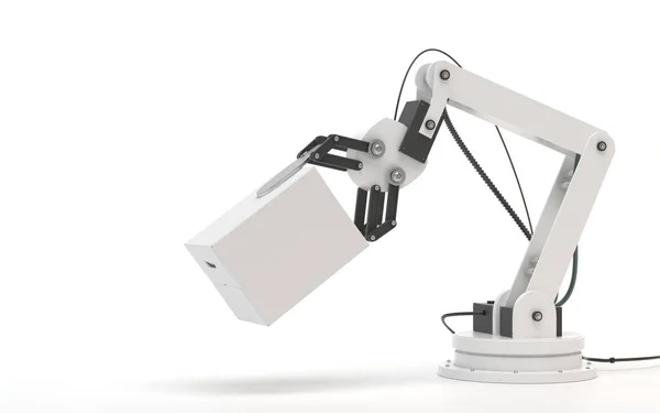 Промисловий робот ізольований на білому тлі. Роботизована рука тримає білу порожню коробку. Концептуальне творче зображення штучного інтелекту з копіювальним простором. 3D візуалізація . — стокове фото