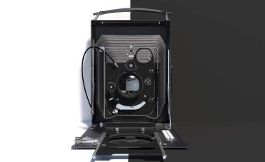 Siyah beyaz arka planda eski retro kamera. Kopya alanı ile yaratıcı kavramsal illüstrasyon. 3d render.