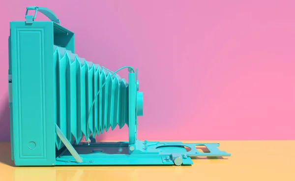 Стара ретро-камера в монохромному бірюзовому кольорі ізольована на рожевому і жовтому тлі. Творча концептуальна ілюстрація в мультиплікаційному стилі з копіювальним простором. 3D візуалізація в пастельних кольорах — стокове фото