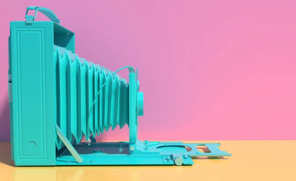 Câmera retro antiga em cor turquesa monocromática isolada em fundo rosa e amarelo. Ilustração conceitual criativa em estilo cartoon com espaço de cópia. Renderização 3D em cores pastel — Fotografia de Stock