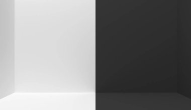 Siyah ve beyaz iç ortasında iki bölüme ikiye bölündü. Kopya alanı olan boş boş oda. Bir yarısı beyaz, diğer yarısı siyah. 3d render