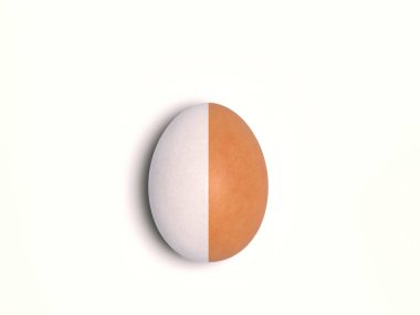 Single chicken egg isolated on a white background. An egg divided in the middle into two parts with different colors of a natural color. Creative conceptual illustration with copy space. 3D rendering clipart