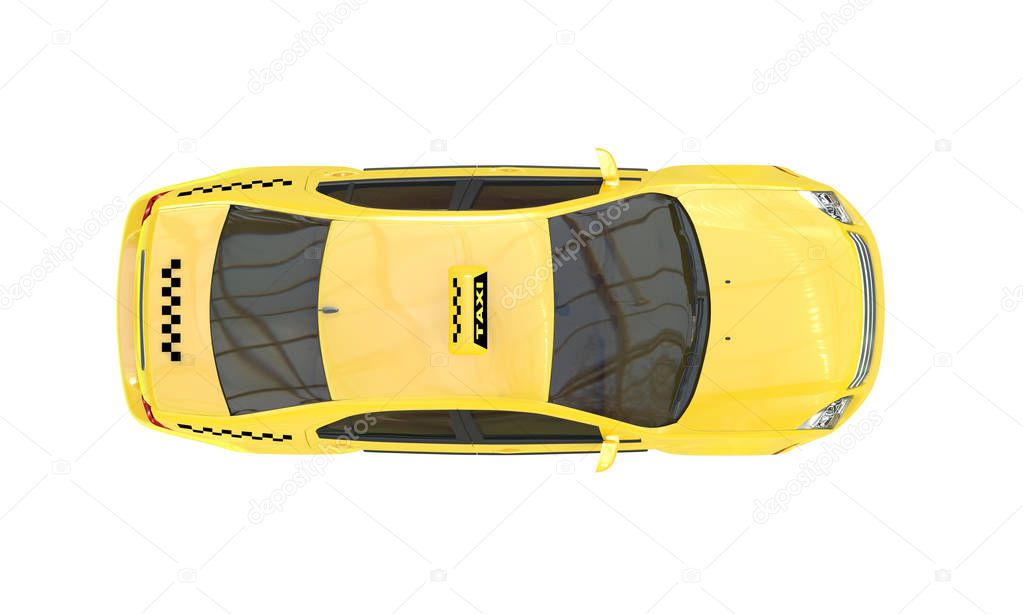  Yellow taxi car isolated on a  white background. Top view. 3D rendering.