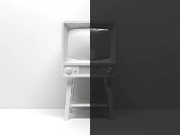 Old black and white tv in the interior divided in half into two parts in the middle.  One half is white, the other half is black. Creative conceptual illustration. 3D rendering. — Stock Photo, Image