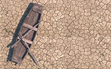 Old wooden boat on dry cracked soil. Dry river due to global war clipart