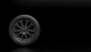 Siyah arka planda izole edilmiş tek yeni araba tekerleği. Reklam araba hizmeti veya otomatik bakım için mock up. Metin veya logo için alan kopyalayın. 3d render.