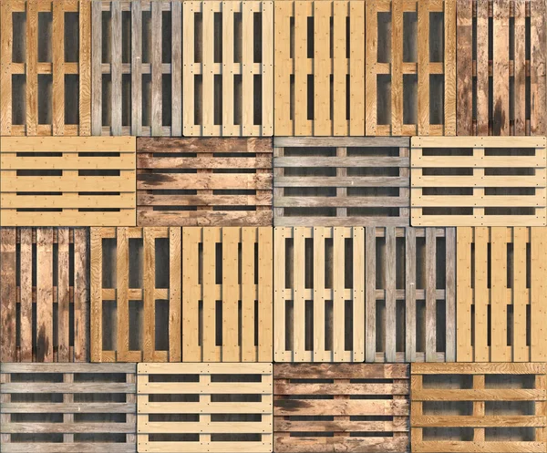 Wooden pallets of different colors and shapes lie in a row in a top view. Seamless texture or background. Creative decorative illustration. 3D rendering.