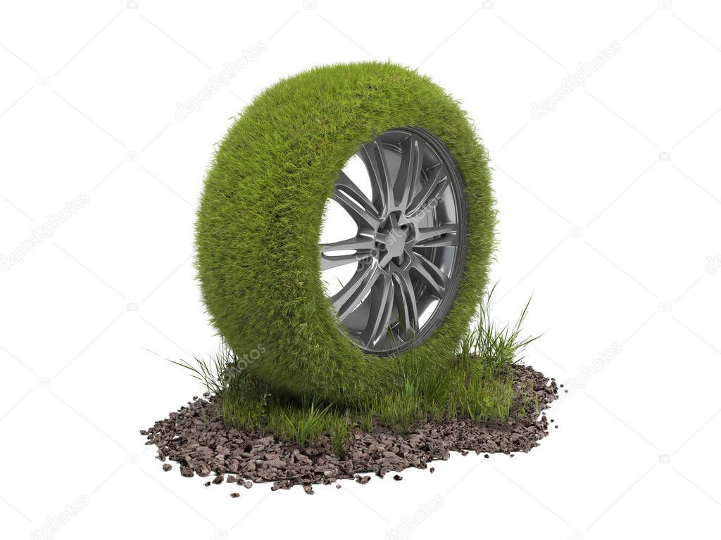 Car wheel covered with green grass isolated on a white background. Creative conceptual illustration of environmentally friendly transport. Eco-friendly car. 3D rendering.