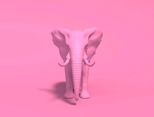 Un éléphant réaliste rose uni isolé sur un fond rose. Illustration conceptuelle créative monochrome avec espace de copie. rendu 3D . — Photo