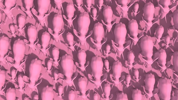 Herd of pink elephants on a pink background. Top view. Creative conceptual monochrome illustration. 3D rendering.