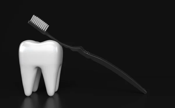 Single white tooth and black toothbrush with white bristles on a black background. Creative conceptual illustration with copy space. 3D rendering — Stock Photo, Image