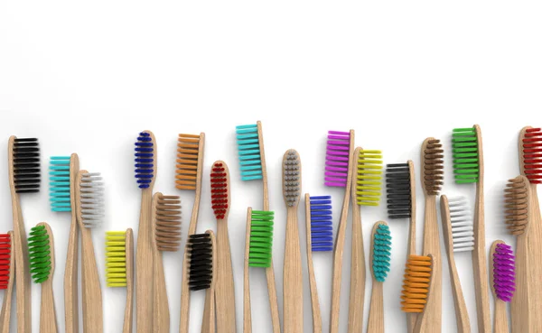 A lot of wooden toothbrushes with bristles brightly colored in different contrast colors is isolated on a white background. Creative conceptual illustration with copy space. 3D rendering — Stock Photo, Image