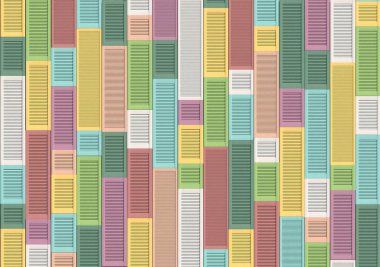 Bir desen ya da arkaplan oluşturmak için bir sırada pastel renkte birçok tahta pencere panjuru var. Kuşak desenleri duvar dekoru oluşturuyor. Retro tarzında yaratıcı dekoratif çizimler. 3d oluşturma.