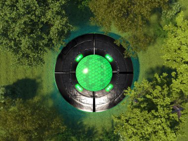 Ağaçların arasında, ormandaki yeşil çayırda UFO 'lar. En üstteki çimlerin üzerinde bilinmeyen uçan nesne. İniş yapan uçan daire. Hava görüntüsü. 3 Boyutlu Hazırlama.