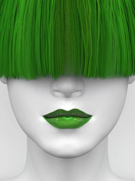White Female Face Green Lips Long Green Bangs Covering Her — Stock Photo, Image