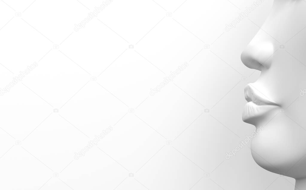White colorless female face with white skin in profile on a white background. 3D render.