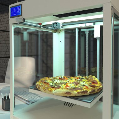 Pizza 3 boyutlu yazıcıdan basılmış. Sentetik yiyecekler. Yemek 3D yazıcısı. Akıllı robotik ve yapay zekanın gelecekteki konsepti. Gıda endüstrisinde 3D yazıcı kullanmak. 3B görüntüleme