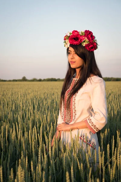 Indian Woman Ukrainian Embroidery Posing Fieldbeautiful Indian Young Woman Traditional — Stock Photo, Image