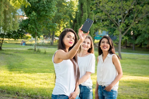 Üç etnik çeşitlilikte kız parkta selfie çekiyor. Genç ve gülümseyen kızlar. Üst yarı