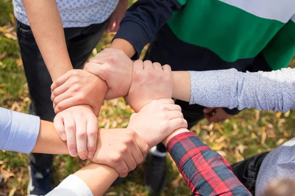 Dostça bir el sıkışma. Birleştirilmiş eller bir çember ya da altıgen oluşturur. Altı genç adamla buluşmak ya da vedalaşmak..