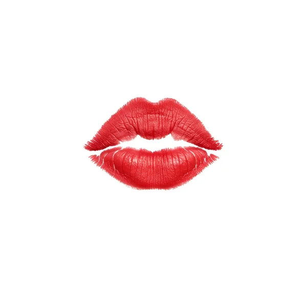 Canlı kırmızı bir ruj izi, temiz beyaz bir arkaplan üzerine kuruludur. İzler açıkça dudakların dokusunu ve rujun zengin rengini gösteriyor. Kalın ve sembolik bir sevgi ya da güzellik sembolü oluşturuyor..