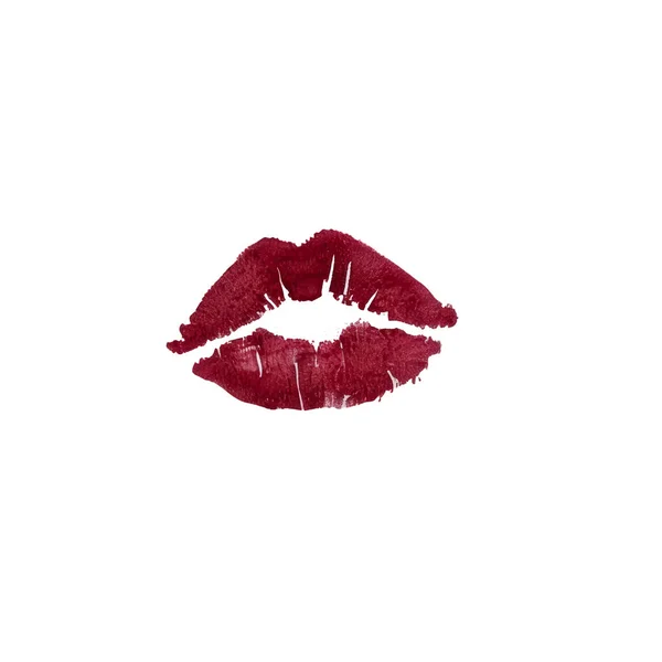 Tek bir koyu kırmızı ruj izi, temiz beyaz bir arkaplan üzerine kuruludur. İzler açıkça dudakların dokusunu ve rujun zengin, koyu kırmızı rengini gösteriyor. İşaretin kenarları renk yoğunluğundaki ince değişikliklerle tanımlanır.