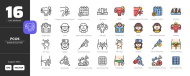 PCOS veya Polycystic Ovary Sendromu Semptomları Simge Ayarlama Koleksiyonu - Taslak Çizgi Sanat Biçimi. Düzensiz dönemler, hipodrom, kilo alma, sivilce, kellik, kısırlık, deri etiketleri, yorgunluk, insülin direnci