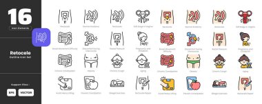 Retocele Symptoms Icon Set Collection - Outline Line Art Style. Containing bulge vagina, bowel movement, discomfort, intercourse, rectal pressure, aging, cough, kegel exercise, pregnancy, childbirth.