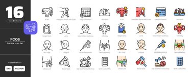 PCOS veya Polycystic Ovary Sendromu Semptomları Simge Ayarlama Koleksiyonu - Taslak Çizgi Sanat Biçimi. Düzensiz dönemler, hipodrom, kilo alma, sivilce, kellik, kısırlık, deri etiketleri, yorgunluk, insülin direnci