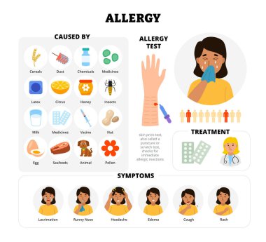 Kadın karakterli alerji bilgi tasarımı. Sebepleri, semptomları, tedaviyi ve tıp eğitimini önlemeyi gösteren taşıyıcı poster şablonu, sağlık hizmeti farkındalığı, grafik illüstrasyon afişi.