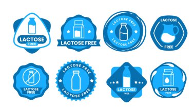 Laktozsuz etiket seti koleksiyonu, laktoz içermeyen simgeler çıkartması, amblem ya da rozet. Alerji farkındalığı için gıda ambalajı, süt şişesi sembollü laktoz intolerans diyet etiketleri.