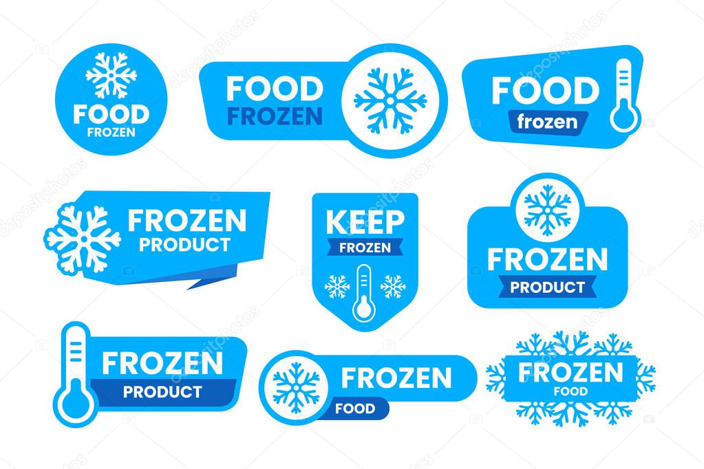 Set of frozen food label set collection, frozen product logo badge sticker for packaging with snowflake and thermometer. Storage in refrigerator and freezer. Freezer safe stickers cold storage.