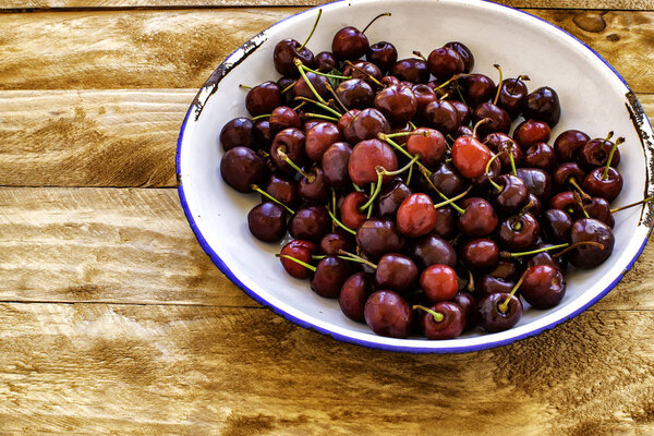 Metal plate with red cherries on a wooden table.