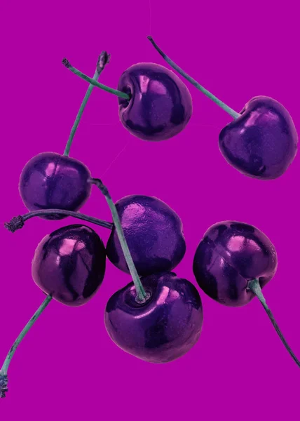 Cerezas Púrpuras Con Fondo Rosa Fotografiadas Con Ethyl Punk —  Fotos de Stock