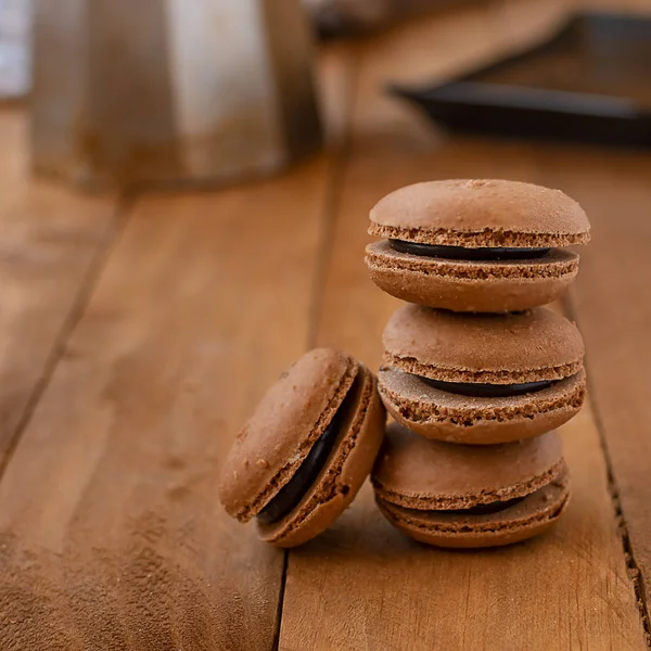 Chocolate Macarons Wooden Table Vintage Style — Stock Photo, Image