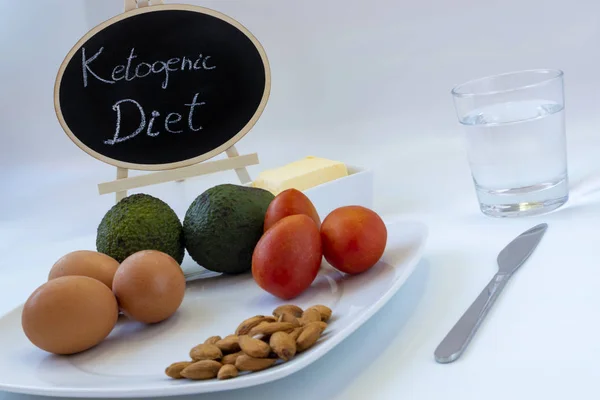 Ketogenic diyet kavramı. Domates ve tereyağı ile diyet gıdalar yumurta, avokado, gibi yazılı poster.