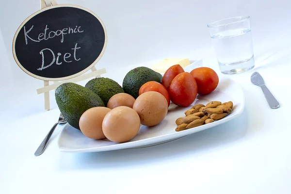 Концепция Кетогенной Диеты Плакат Диетическими Продуктами Такими Яйца Авокадо Помидоры — стоковое фото