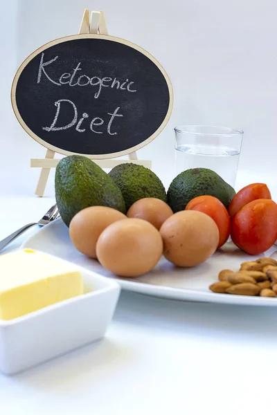 Ketogenic diyet kavramı. Domates ve tereyağı ile diyet gıdalar yumurta, avokado, gibi yazılı poster.