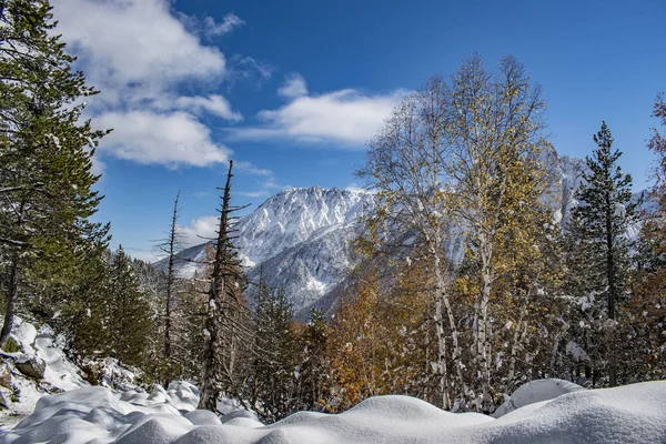 Snötäckta Bergslandskap Börjar Vintersäsongen — Stockfoto