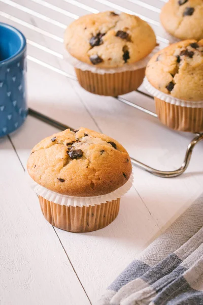 Groep Zelfgemaakte Muffins Met Stukjes Chocolade Een Houten Tafel — Stockfoto