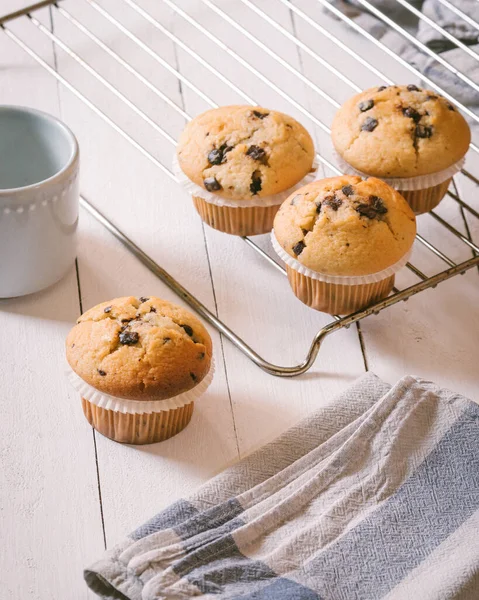 Groep Zelfgemaakte Muffins Met Stukjes Chocolade Een Houten Tafel — Stockfoto