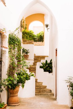 Anka de Sant Gaiet 'te, Tarragona' da, İspanya 'da Katalonya' da beyaz sarayların manzarası. 08 _ 20 _ 2020 tarihinde yapıldı.