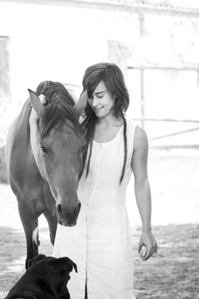 Retrato Una Chica Con Rastas Vestido Blanco Acariciando Caballo —  Fotos de Stock