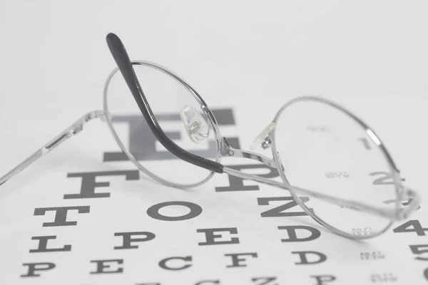 Eyeglasses on eyesight test chart background close-up.