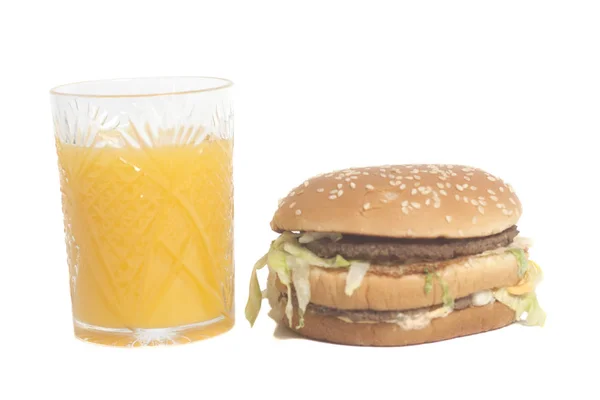 Tasty Big Burger Glass Orange Juice Isolated White Background — Stock Photo, Image