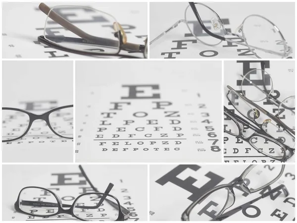 Óculos Fundo Gráfico Teste Visão Close Colagem — Fotografia de Stock