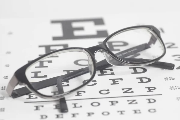 Brille Auf Sehtest Diagramm Hintergrund Nahaufnahme — Stockfoto