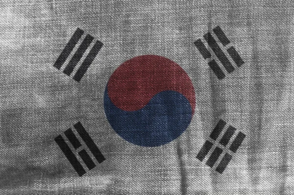 Südkorea Flagge Auf Jeans Jeans Textur Hintergrund Nahaufnahme — Stockfoto