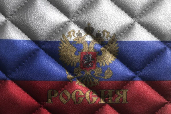 Deri Doku Arka Plan Üzerinde Amblemi Ile Rusya Federasyonu Bayrağı — Stok fotoğraf