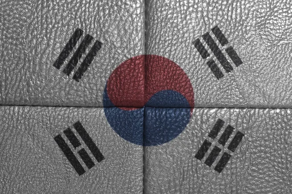 Südkorea Flagge Auf Leder Textur Hintergrund Nahaufnahme — Stockfoto